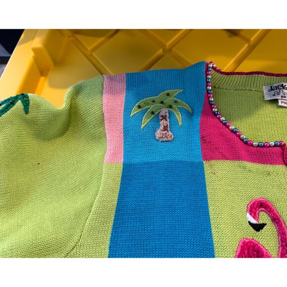 Vintage Jack B Quick Cardigan Sweater Flamingos & Palm Trees Short Sleeve ZipUp - Picture 9 of 16